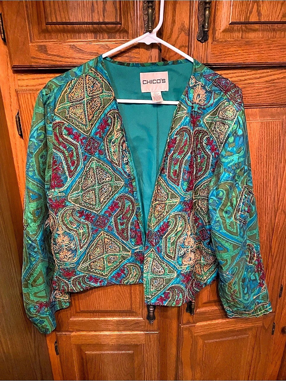 Chico's Silk Embellished Open Front Jacket Paisley Size 2